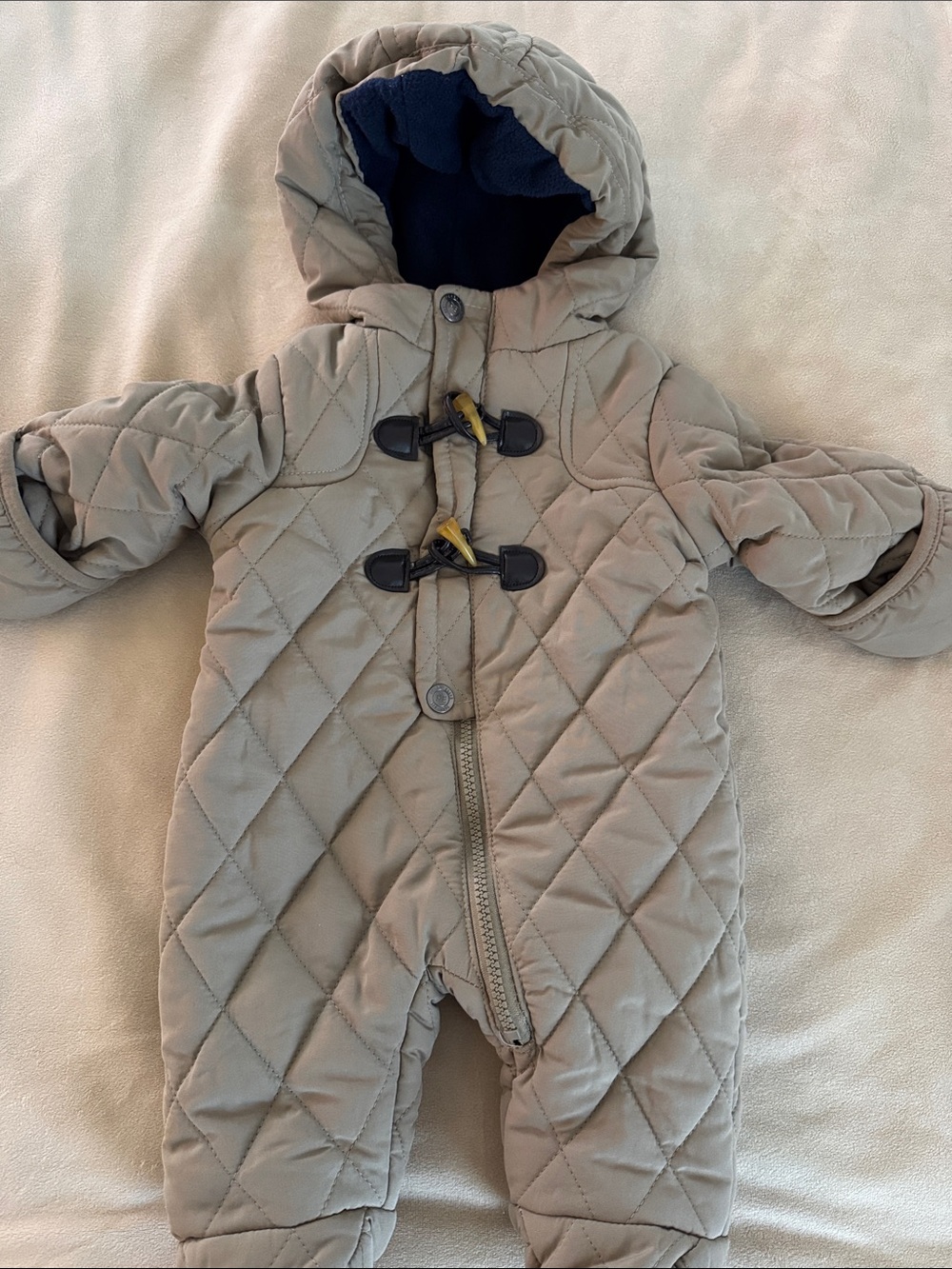 Perry Ellis Beige Quilted Hooded Baby Puffer One-Piece